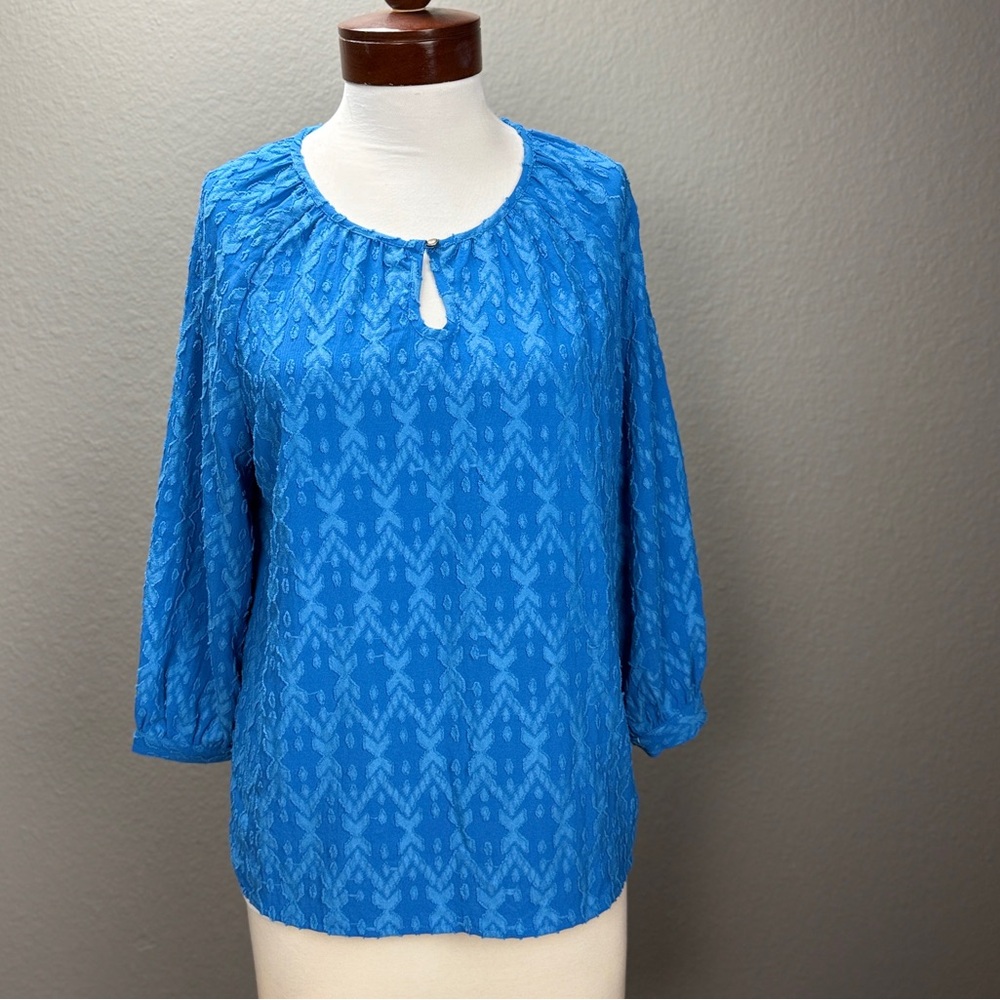 Denim & Co Canyon Retreat Blue Geometric 3/4 Sleeve Key hole Top Sz S